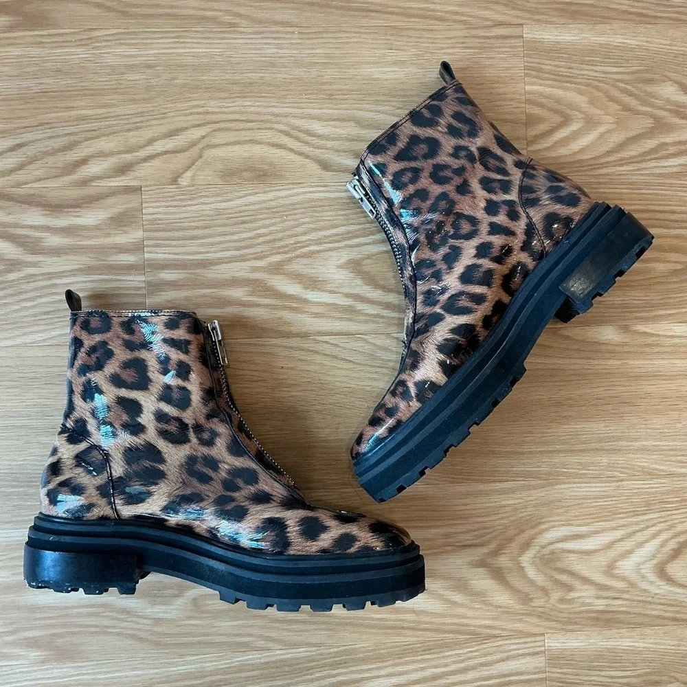 SCHUTZ Maryele Leopard Patent Print Combat Boots Size 9.5B